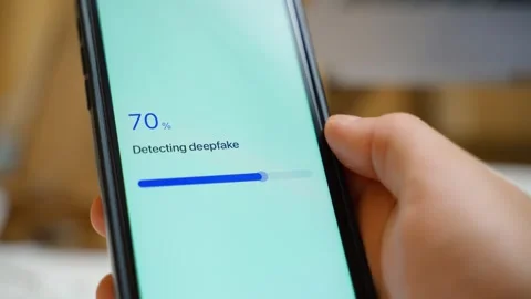 Deepfake detection progress bar stops at 70 percent on smartphone screen Video stock 342603194