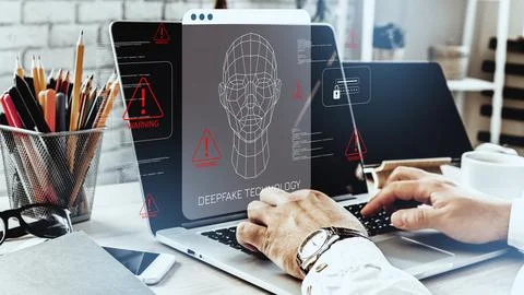 Deepfake technology and computer warning displayed on laptop while person works Stock Photos