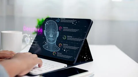 Deepfake Technology Concept on Tablet Screen with AI Face Recognition and D.. Stock Photos