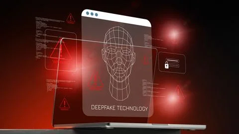 Deepfake technology display on computer screen with warning signs and digital Stock Photos