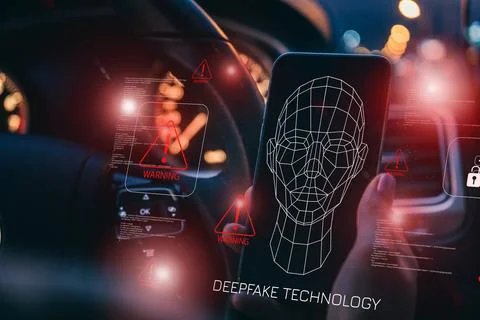 Deepfake technology displayed on a smartphone inside a car at night Stock Photos