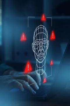 Deepfake technology showing warning alerts as a person interacts with a computer Stock Photos