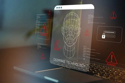 Deepfake technology shown on a laptop screen with diagrams and warning signs at Stock Photos