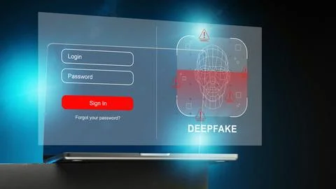 Deepfake technology shows login screen with warning signs and user interface Foto stock