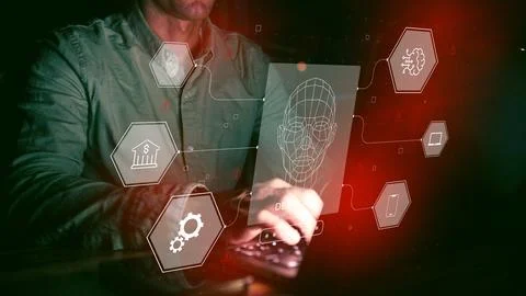 Deepfake technology is used for creating realistic fake videos and images at a 스톡 사진