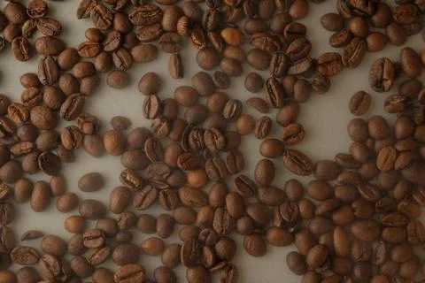 Deeply roasted coffee beans scattered across a surface in warm tones Stock Photos