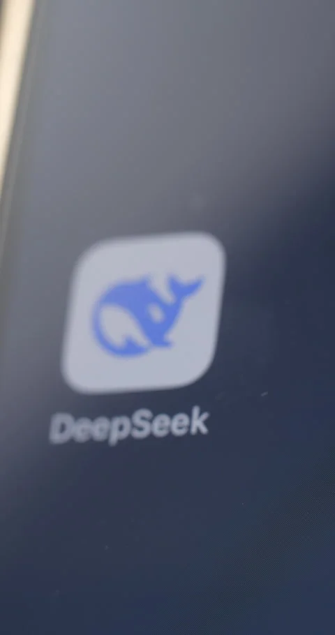 Deepseek app on smartphone’s screen rotating, vertical view Video stock 301256856