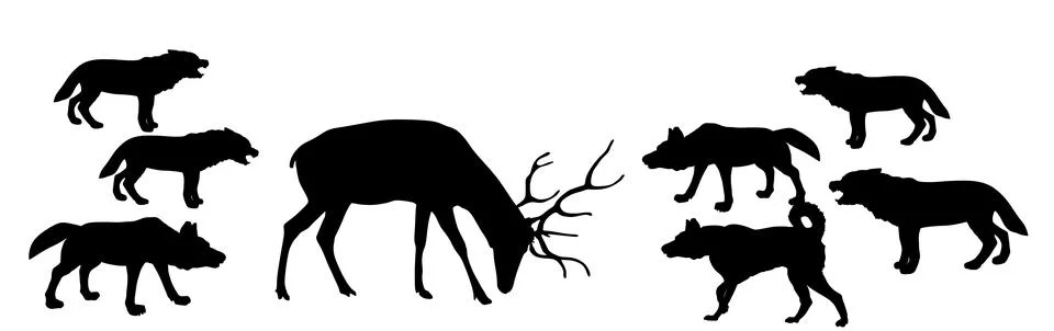 Deer against wolf pack vector silhouette illustration isolated. 库存插图