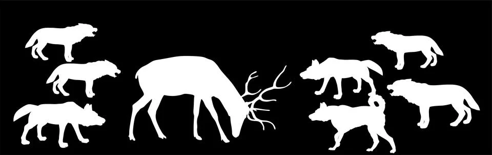Deer against wolf pack vector silhouette illustration isolated. 库存插图