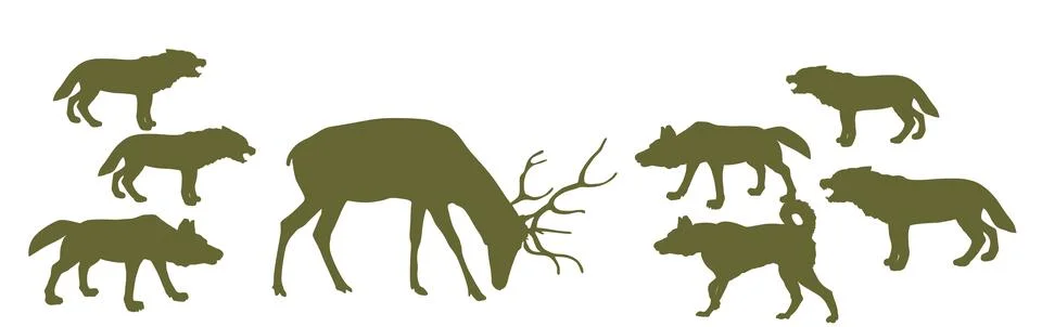 Deer against wolf pack vector silhouette illustration isolated. 库存插图