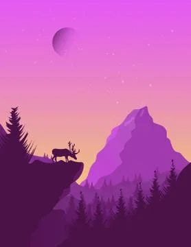 Deer and the mountain in the autumn landscape Stock Illustration