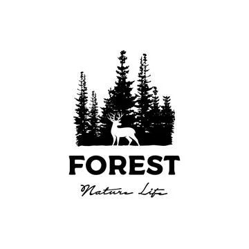 Deer and Pine Cedar Spruce Fir Conifer Forest Silhouette Wilderness Adventure Stock Illustration
