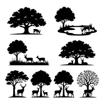 Deer and tree silhouette collection with peaceful forest wildlife scenes Stock Illustration