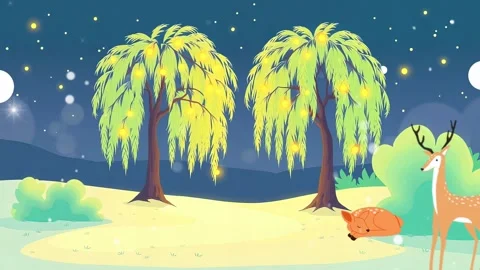 Deer and Trees in Nighttime : Animated Scene Featuring Deer and Trees in Nightt Stock Footage 307473042