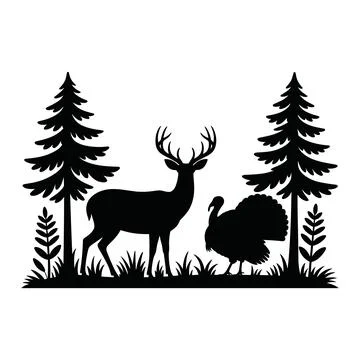 Deer and Turkey Silhouette with Pine Trees and Grass Stock Illustration