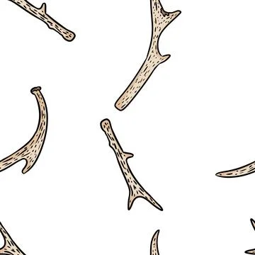 Deer antlers doodles seamless pattern. Doodle style comic horns or sticks han Stock Illustration