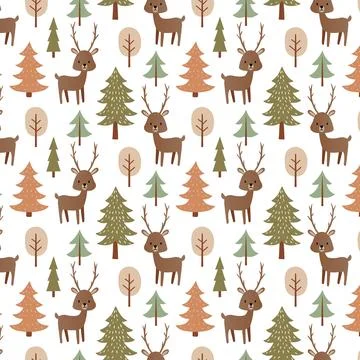 Deer in the autumn forest seamless pattern in Scandinavian style. Hand draw.. Stock Illustration