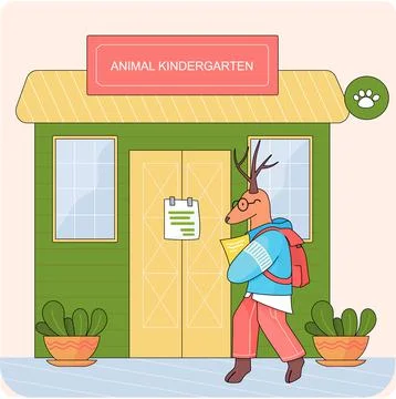 Deer with backpack and notebook goes to kindergarten. Colored building with Ilustración de archivo