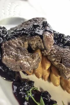 Deer backstrap on pine needles, honey onion and potato puree Stock Photos