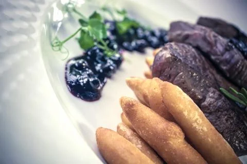 Deer backstrap on pine needles, honey onion and potato puree Stock Photos