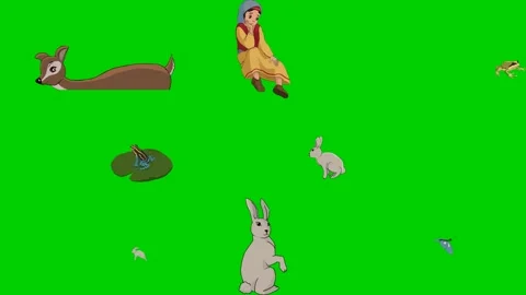 Deer Boy Frog Rabbit Butterfly Hop Pond Jump Wild 2d animated cartoon Stock Footage 334703369