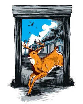 Deer Buck Jumping through Arched Frame with Cabin Background Stock Illustration