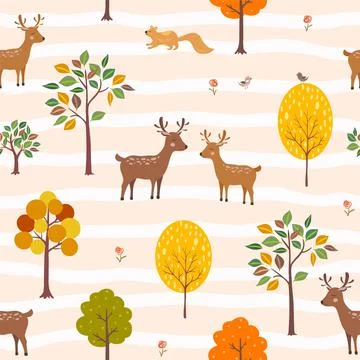 Deer couple fall in love when autumn is coming,cute cartoon animals seamless  Stock Illustration