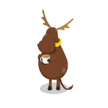 Deer with cup of tea. Elk drinking coffee. Isolated image in cartoon style Stock Illustration