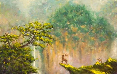 Deer on the edge of a cliff in a mountain forest Illustrazione stock