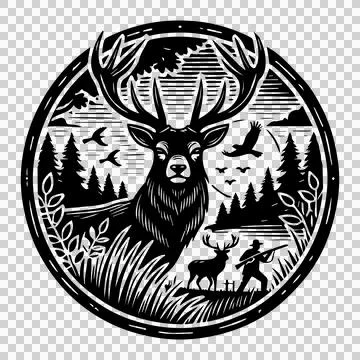 Deer Emblem In Black And White standing hunter trees birds Stock Illustration