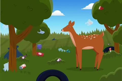 Deer in the forest among the garbage Stock Illustration