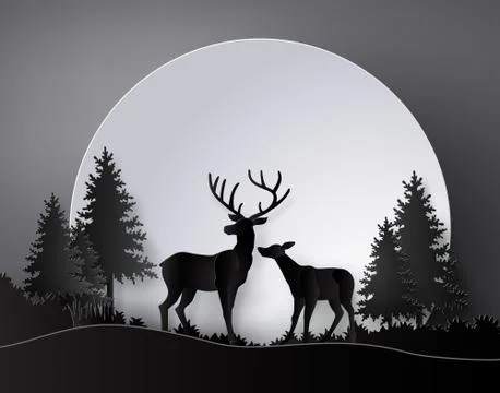 Deer in forest with full moon. Stock Illustration