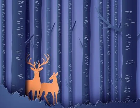 Deer in forest  with full moon. Stock Illustration