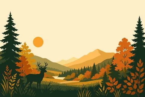 Deer Forest Silhouette Layered Background Stock Illustration