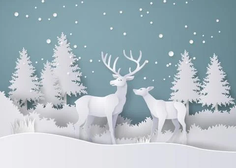 Deer in forest with snow in the winter season.vector paper art style. Stock Illustration
