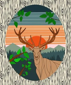 Deer in a forest at sunset Stock Illustration