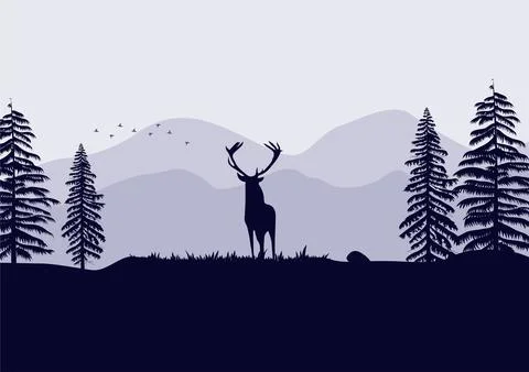 Deer in the forest vector in blue tones. Stock Illustration