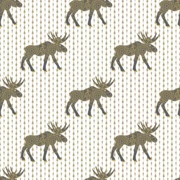Deer gold christmas vector seamless pattern with white knitted texture Stock Illustration