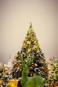 Deer from the grass on the background of a dressed Christmas tree on the even Fotos de archivo