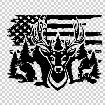 Deer Head And Flag Silhouette standing trees hunters black Stock Illustration