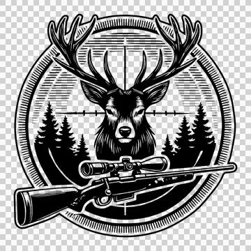 Deer Head And Rifle Inside Circle trees engraving black Stock Illustration