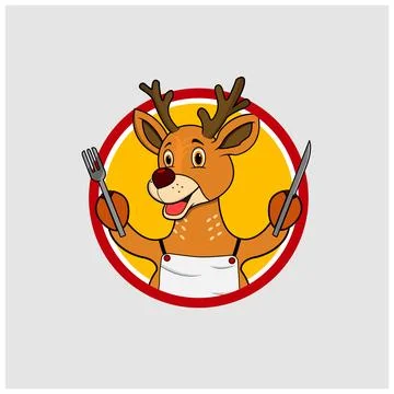 Deer Head Circle Label With Chef Custom and Bring Knife and Fork Stock Illustration
