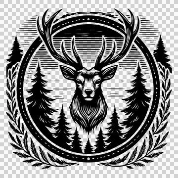 Deer Head In Circular Forest Frame antlers coniferous trees Stock Illustration