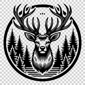 Deer Head Circular Forest Scene pine trees circle Stock Illustration