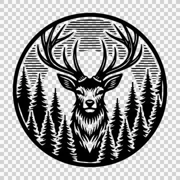 Deer Head In A Forest Circle standing antlers trees woodcut Stock Illustration