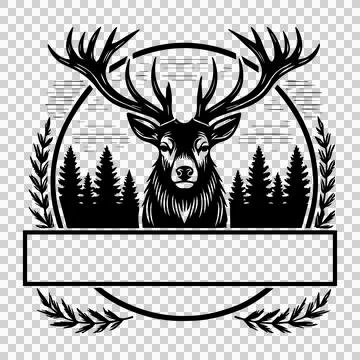 Deer Head In Forest Emblem tree leaf black white antler Stock Illustration