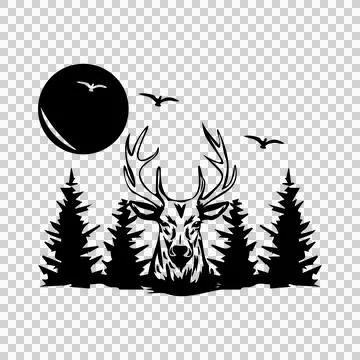 Deer Head Forest Moon Silhouette trees birds black Stock Illustration