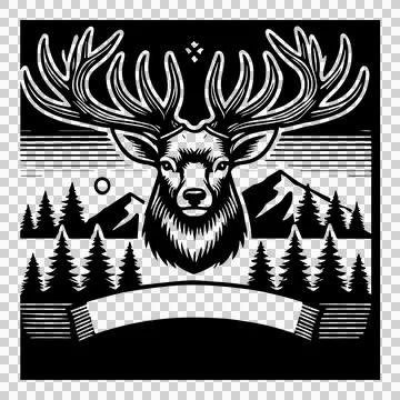 Deer Head With Mountains And Forest viewing antlers Stock Illustration