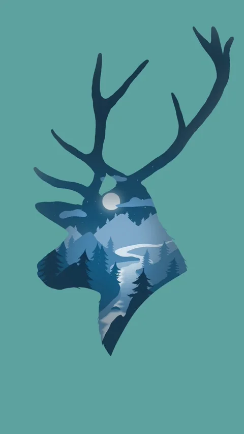 Deer head silhouette on landscape background with river, trees, mountains, .. Video stock 277400394