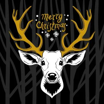 Deer head. White vector silhouette of deer's head with golden antlers Stock Illustration